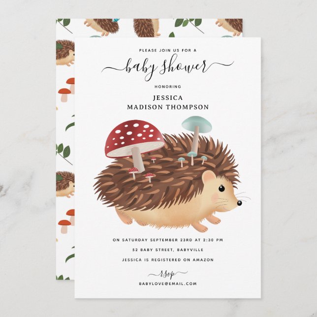 Convite Hedgehog Mushroom Woodland Funny Baby Shower (Frente/Verso)