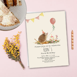 Convite Hedgehog Pink Balloon Forest Primeiro Aniversário
