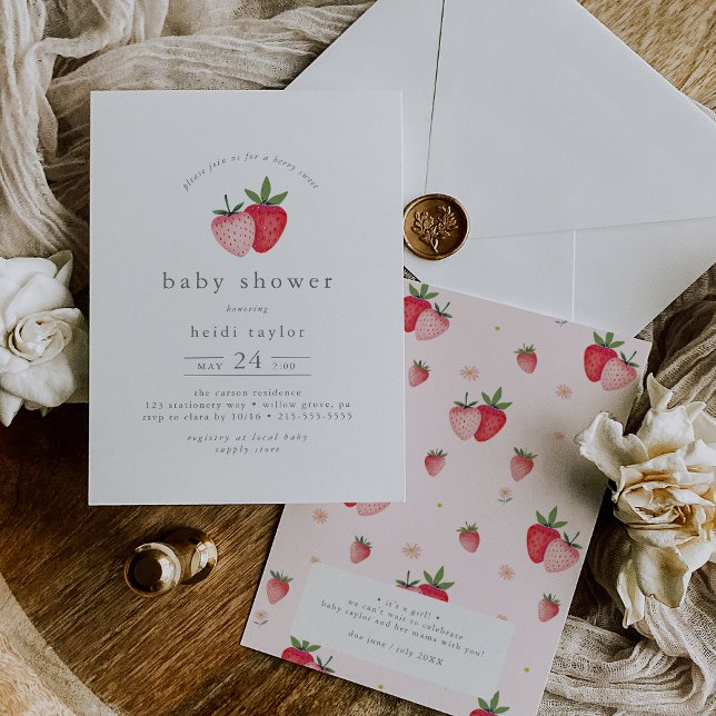 Convite HEIDI Bebê rosado Berry Sweet Strawberry Girl (HEIDI Pink Berry Sweet Strawberry Girl Baby Shower Invitation)
