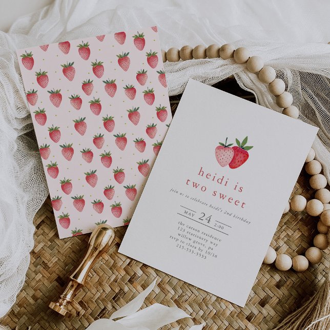 Convite HEIDI Cute Strawberry Kids Dois segundos aniversár (HEIDI Cute Strawberry Kids Two Sweet 2nd Birthday Invitation)
