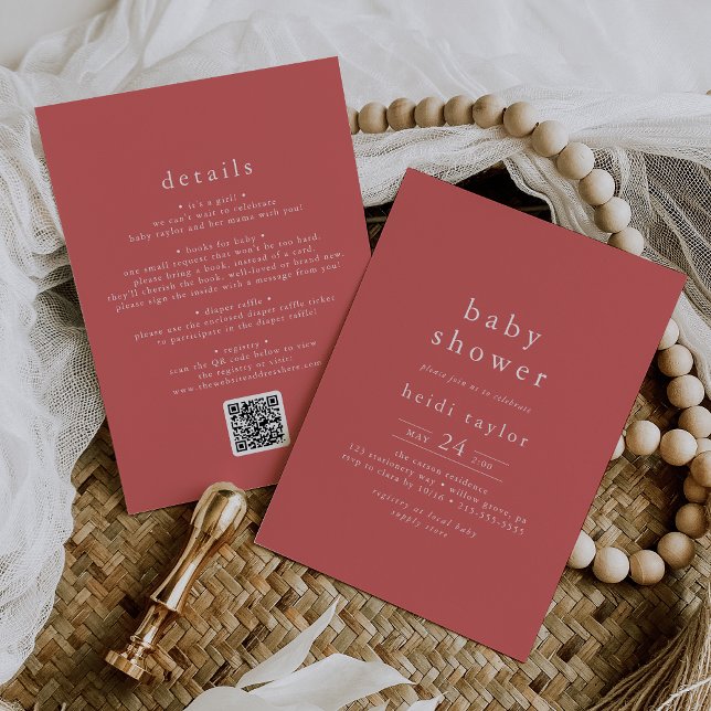 Convite HEIDI Rustic Red Summer Boho QR Chá de fraldas Sim (HEIDI Rustic Red Summer Boho QR Simple Baby Shower Invitation)