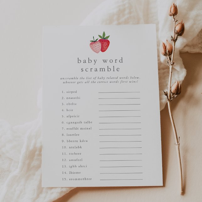 Convite HEIDI Strawberry Chá de fraldas Word Scramble Game (HEIDI Strawberry Baby Shower Word Scramble Game Invitation)