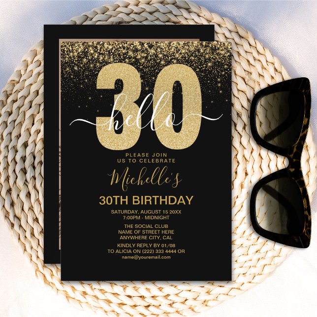 Convite Hello 30! modern 30th birthday with gold glitter (Criador carregado)