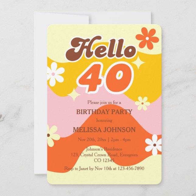 Convite Hello 40 Retro Wave Groovy Flower Birthday  (Frente)