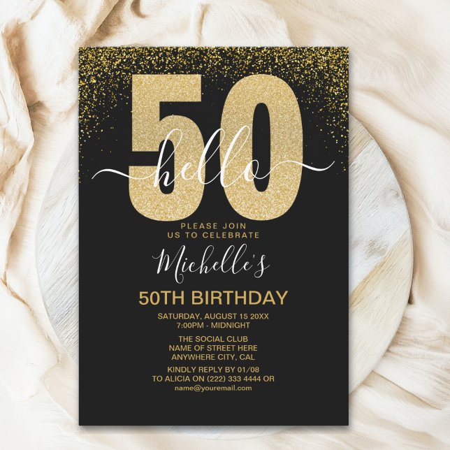 Convite Hello 50! modern 50th birthday with gold glitter (Criador carregado)