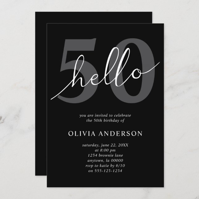Convite Hello 50 | Modern Chic Black 50th Birthday Party (Frente/Verso)