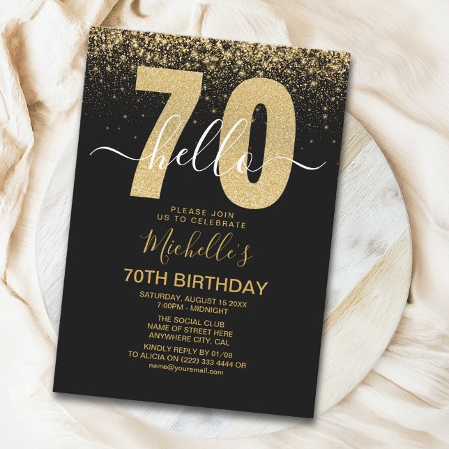 Convite Hello 70! modern 70th birthday with gold glitter  (Criador carregado)