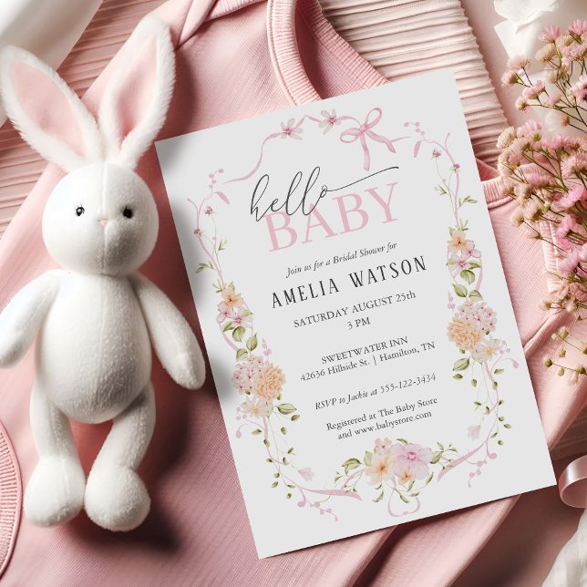 Convite Hello Baby Blush Pink Floral Pink Bow Baby Shower (Hello Baby Blush Pink Floral Pink Bow Baby Shower Invitation)