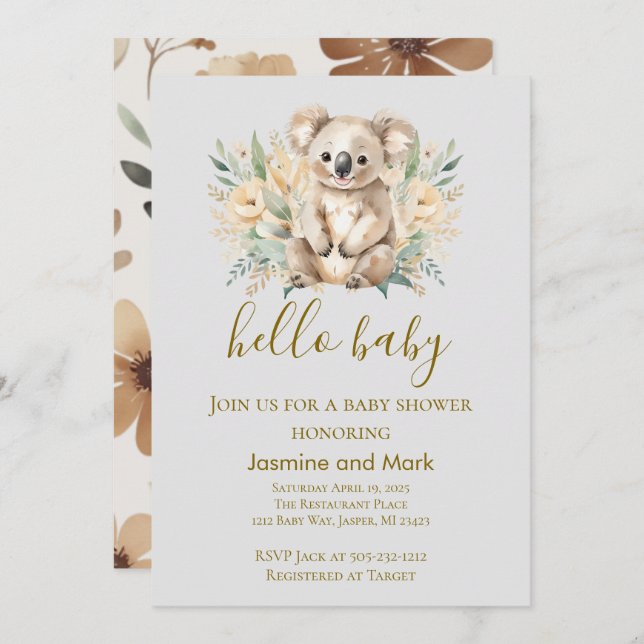 Convite Hello Baby Boho Neutral Koala Bear (Frente/Verso)
