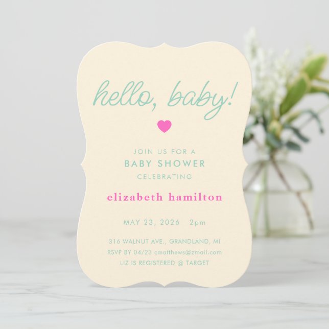 Convite hello baby! Cream, Green Baby Shower Invitation (Em pé/Frente)