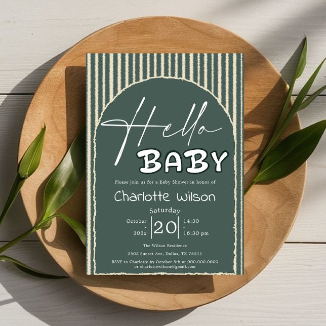 Convite Hello Baby Dark Green Stripes Baby Shower (Criador carregado)