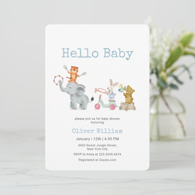 Convite Hello Baby Musical Elephant Parade Baby Shower   (Em pé/Frente)