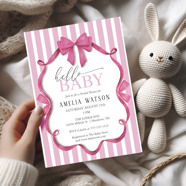 Convite Hello Baby Pink Striped Bow Baby Shower (Hello Baby Pink Striped Bow Baby Shower Invitation)