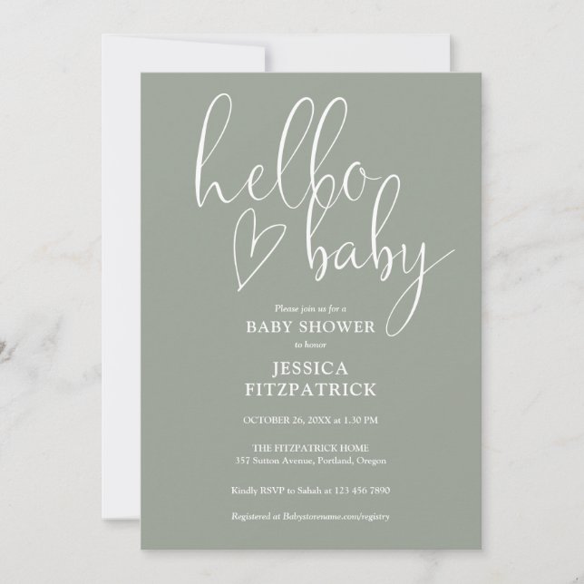 Convite Hello Baby Sage Green Gender Neutral Baby Shower (Frente)