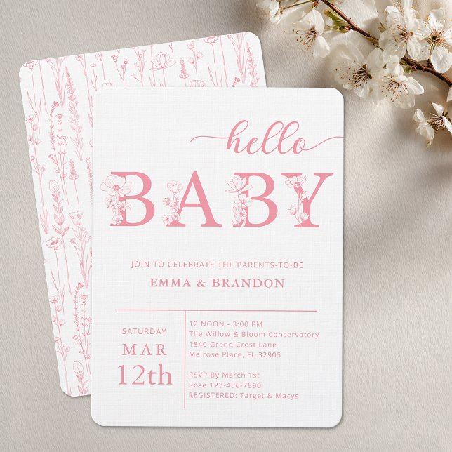 Convite Hello Baby Wildflower Baby Shower Invitation (Pink Floral Baby Shower Invitation - Hello Baby)