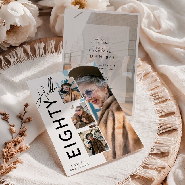 Convite Hello EIGHTY' Modern Photo Collage 80th Birthday (Criador carregado)