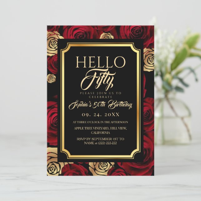 Convite Hello Fifty Black Burgundy Rose Birthday (Em pé/Frente)