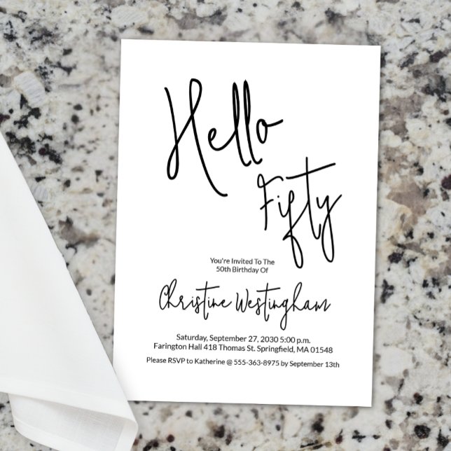 Convite Hello Fifty Black White Script 50th Birthday (Criador carregado)