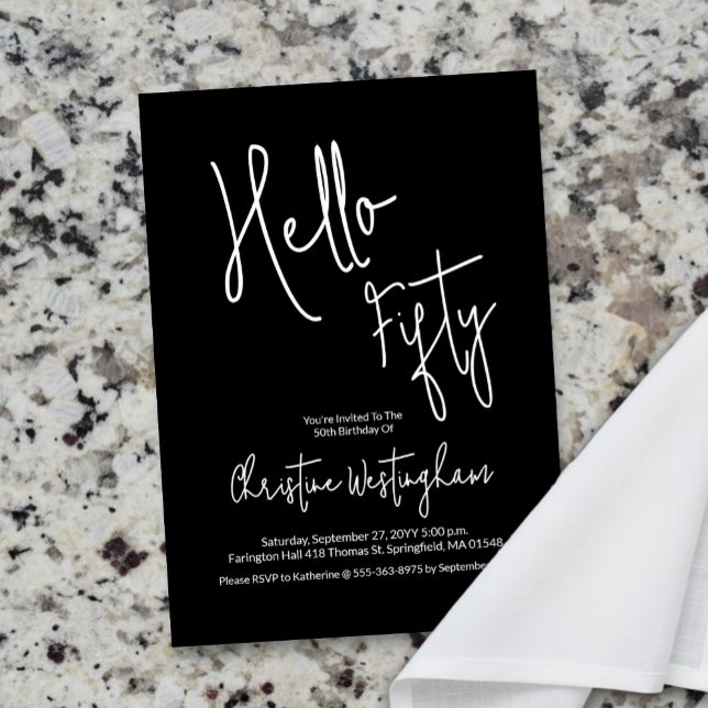 Convite Hello Fifty Black White Script 50th Birthday (Criador carregado)