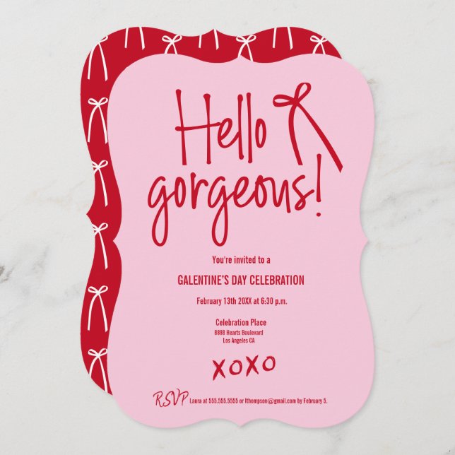 Convite Hello Gorgeous bow Galentine’s Day Red and Pink  (Frente/Verso)