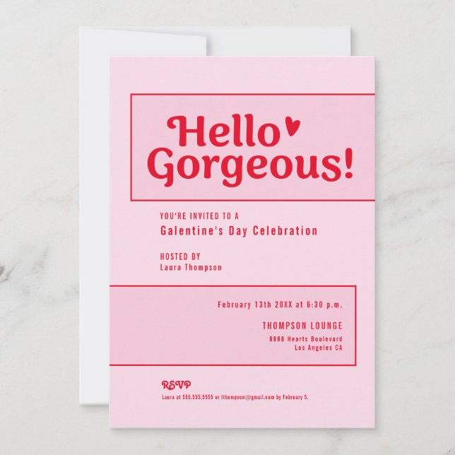 Convite Hello Gorgeous Galentine’s Day Pink Red playful (Frente)