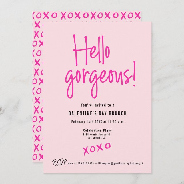 Convite Hello Gorgeous XOXO Pink Galentine’s Day Brunch  (Frente/Verso)
