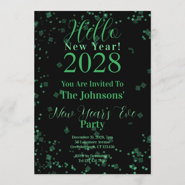 Convite Hello New Year! New Year's Eve Green Black Sparkle (Verso)
