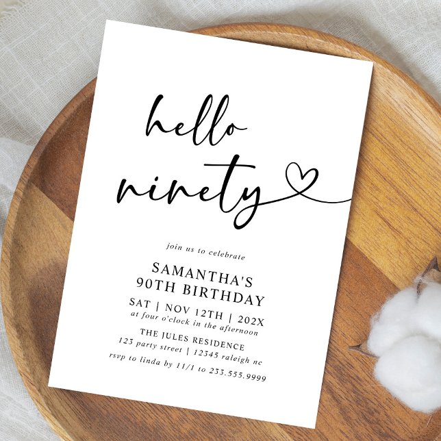 Convite Hello Ninety Black and White 90th Birthday Party (Criador carregado)