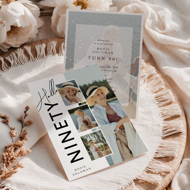 Convite Hello NINETY' Modern Photo Collage 90th Birthday (Criador carregado)