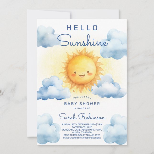 Convite Hello Sunshine Baby Shower (Frente)