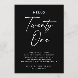 Convite Hello Twenty One | Black Minimalist 21st Birthday