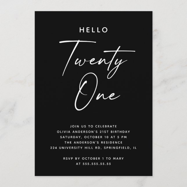Convite Hello Twenty One | Black Minimalist 21st Birthday (Frente)