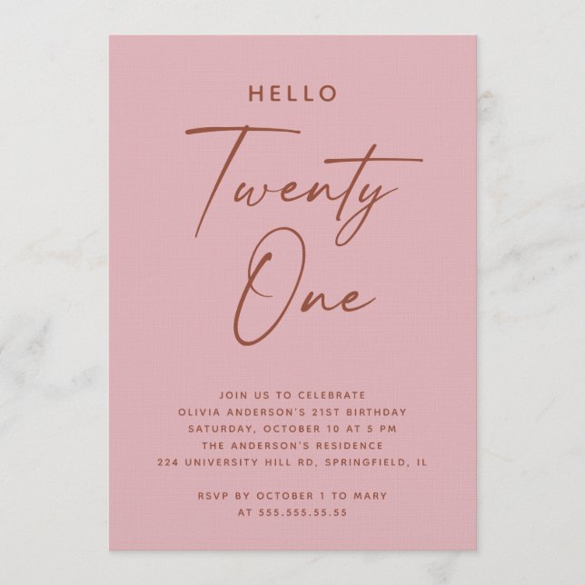 Convite Hello Twenty One | Dusty Rose Pink 21st Birthday (Frente)