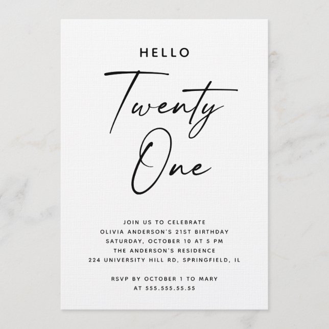 Convite Hello Twenty One | Modern Script 21st Birthday (Frente)