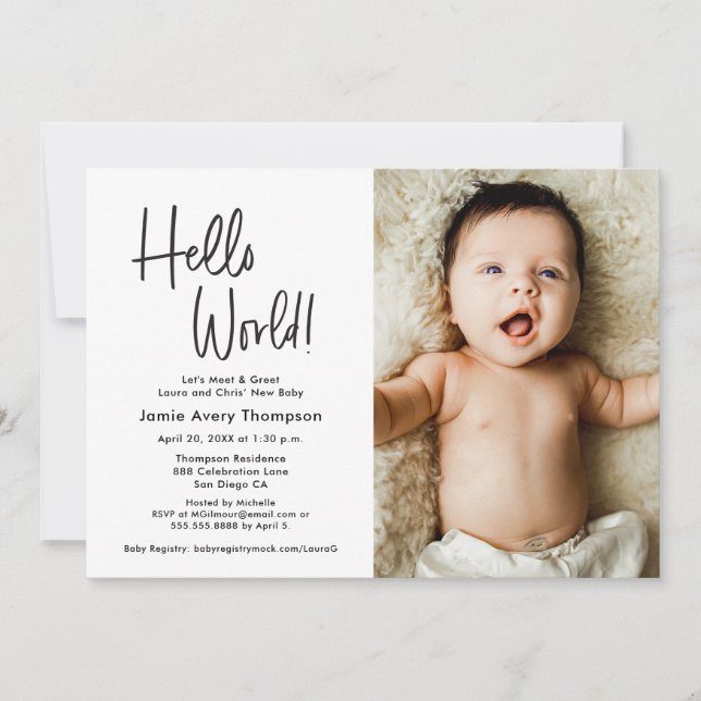 Convite Hello World Modern Photo Meet & greet Baby Shower  (Frente)