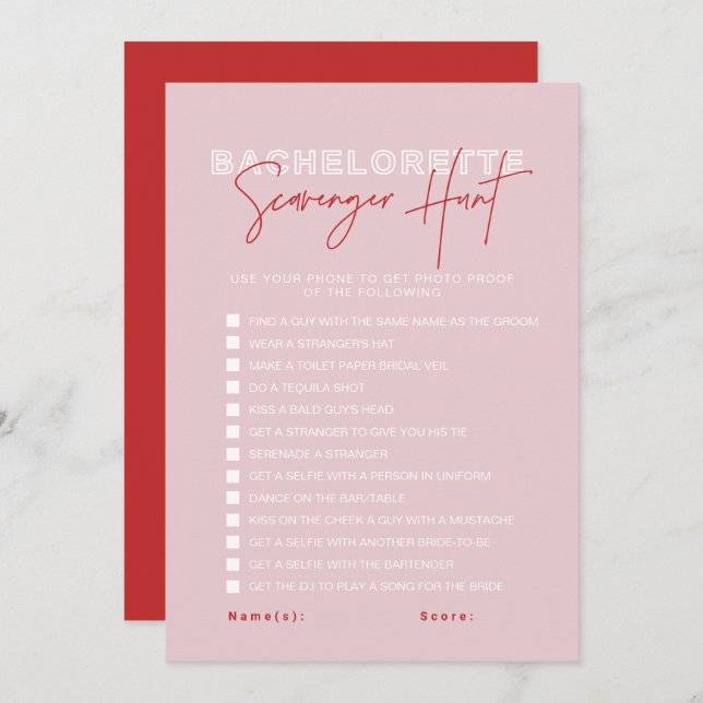 Convite HENLEY Red Bachelorette Scavenger Hunt Card (Frente/Verso)