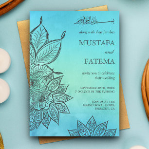 Convite Henna Islâmica Aquarela Azul Casamento