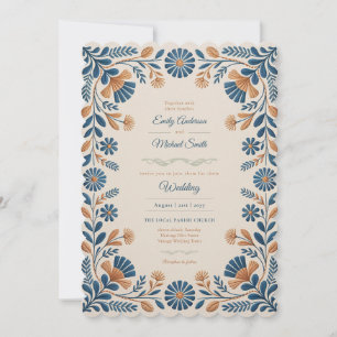 Convite Herança   Arte Folclórica Casamento Floral em Azul