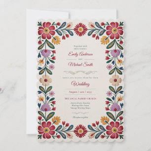 Convite Herança   Arte Folclórica Casamento Floral Vermelh