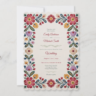 Convite Herança | Arte Folclórica Casamento Floral Vermelh