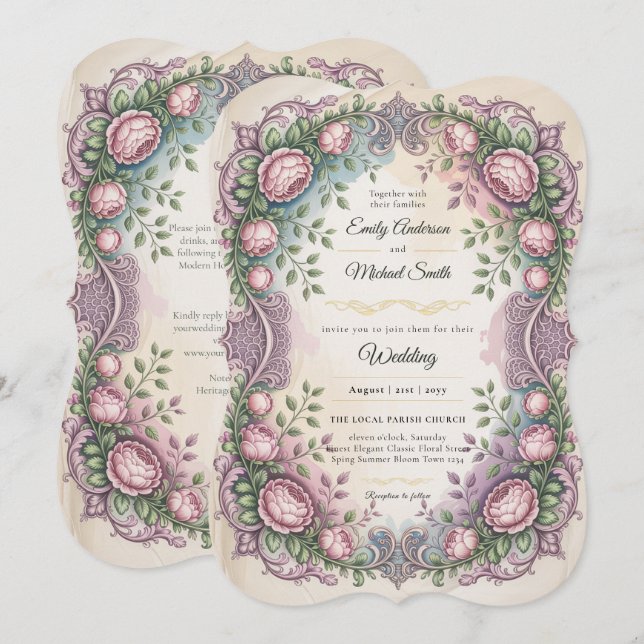 Convite Herança | Casamento Botânico Rococó e Vitoriano (Frente/Verso)