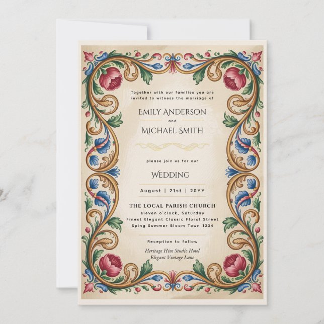 Convite Herança | Casamento Floral Vintage Renascença (Frente)