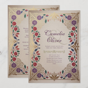 Convite Herança Floral Medieval Casamento Roxo Vermelho Do