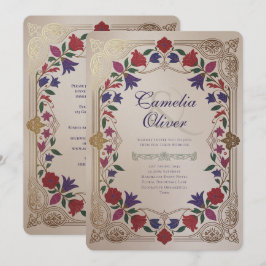 Convite Herança Floral Medieval Casamento Tom de Joia Dour