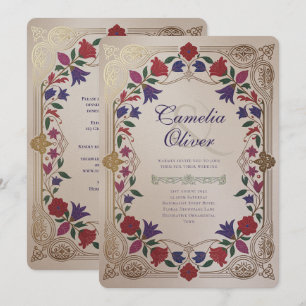 Convite Herança Floral Medieval Casamento Tom de Joia Dour