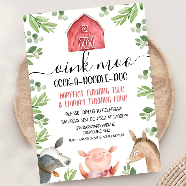 Convite Herbívoros Vermelhos (Red Barn Foliage Join Farm Birthday Invitation Farmyard Animals Joint Birthday party Invite Oink Moo)