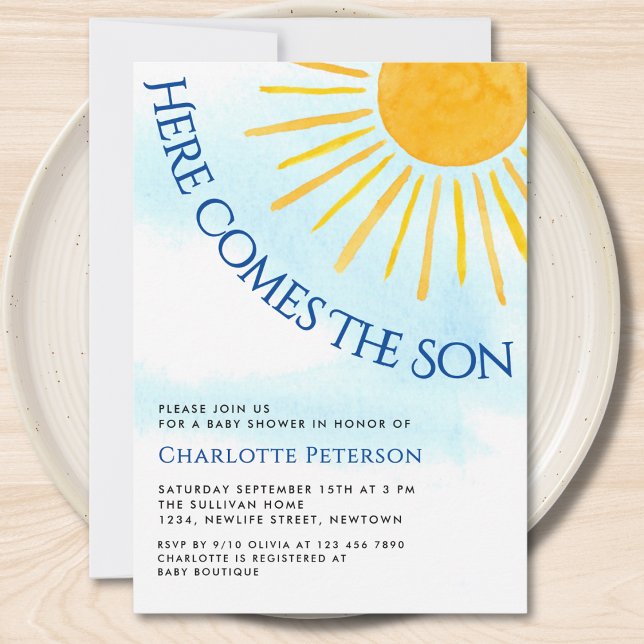 Convite Here Comes The Son Blue Sky Baby Shower Invitation (Criador carregado)