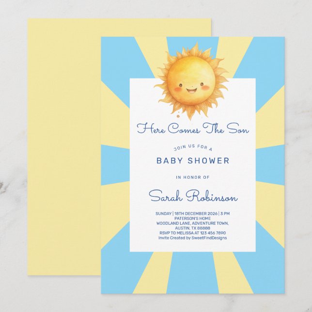Convite Here Comes The Son Retro Baby Shower (Frente/Verso)