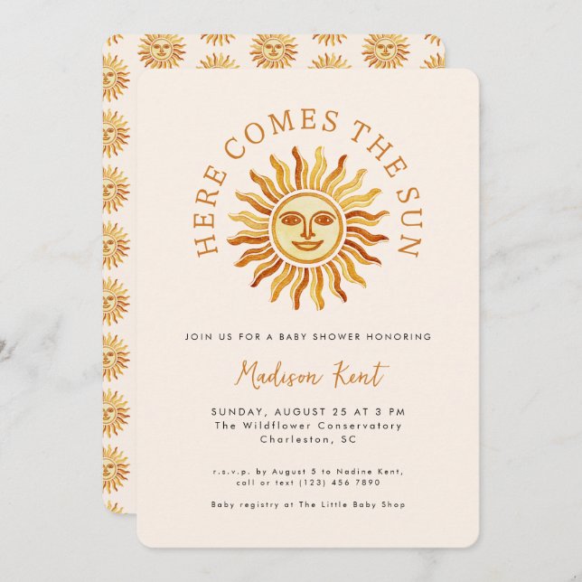 Convite Here Comes the Sun Modern Boho Sun Baby Shower (Frente/Verso)