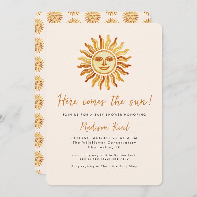 Convite Here Comes the Sun Modern Boho Sun Baby Shower (Frente/Verso)